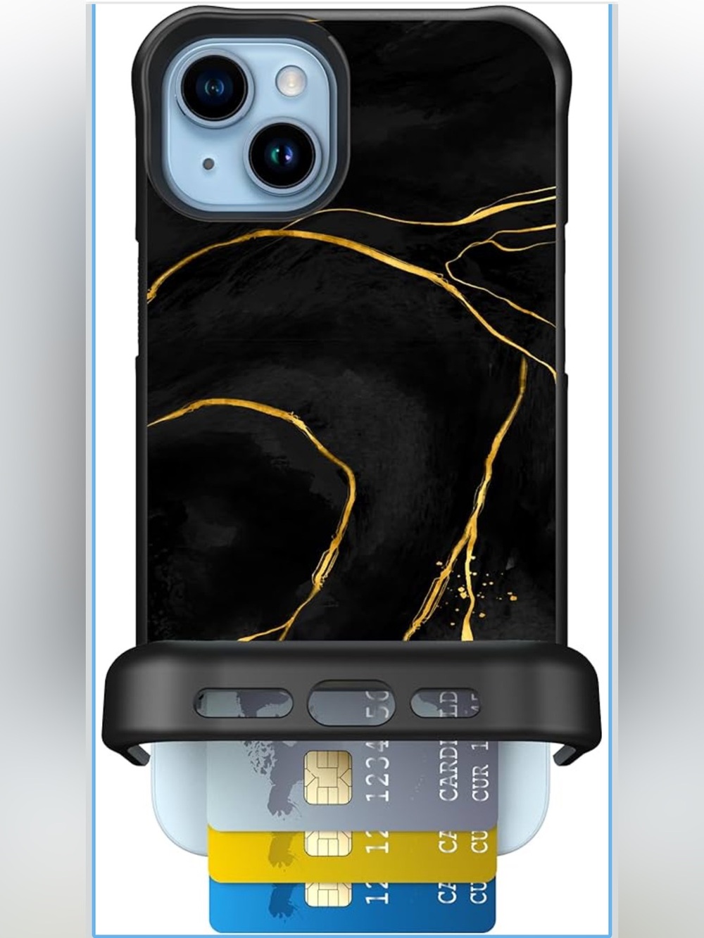 iPhone 15 Plus Wing Mate Hidden Card Holder Black and Gold Marble Case